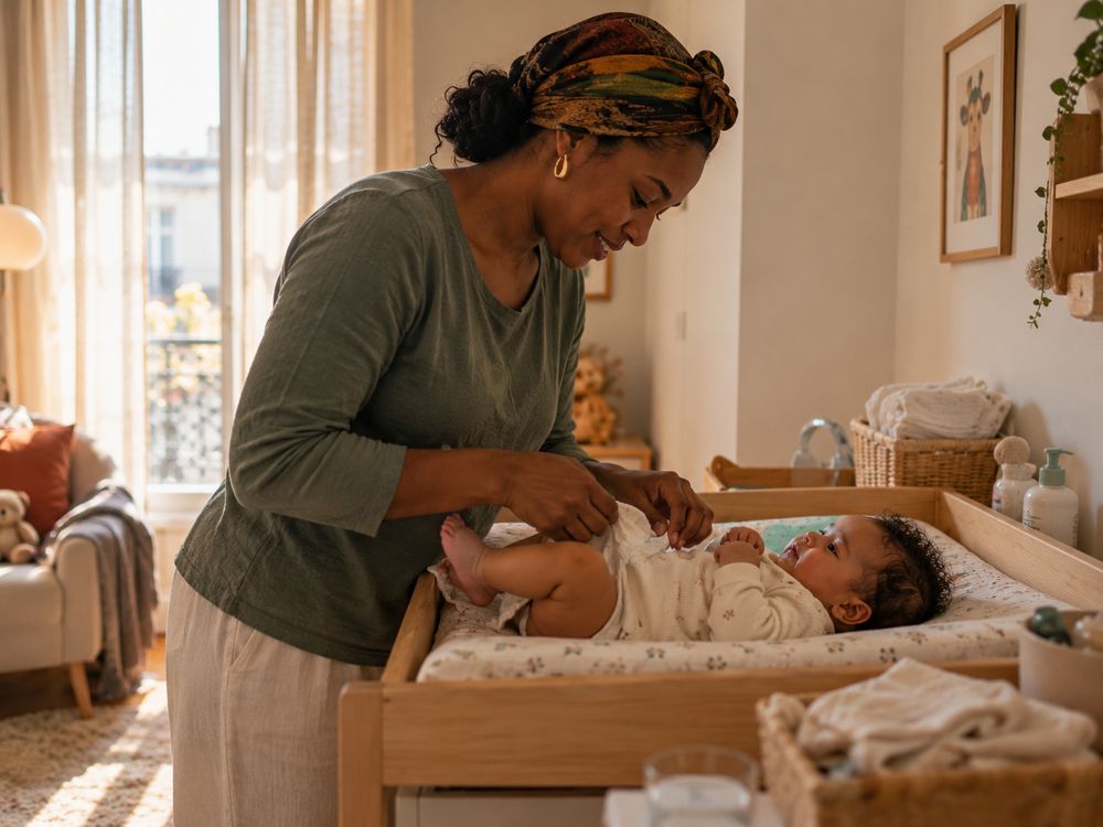 Une professionnelle de la petite enfance change un bébé qui la regarde