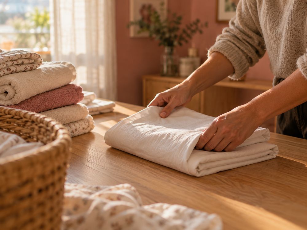 Des mains plient un drap blanc à côté de serviettes pliées