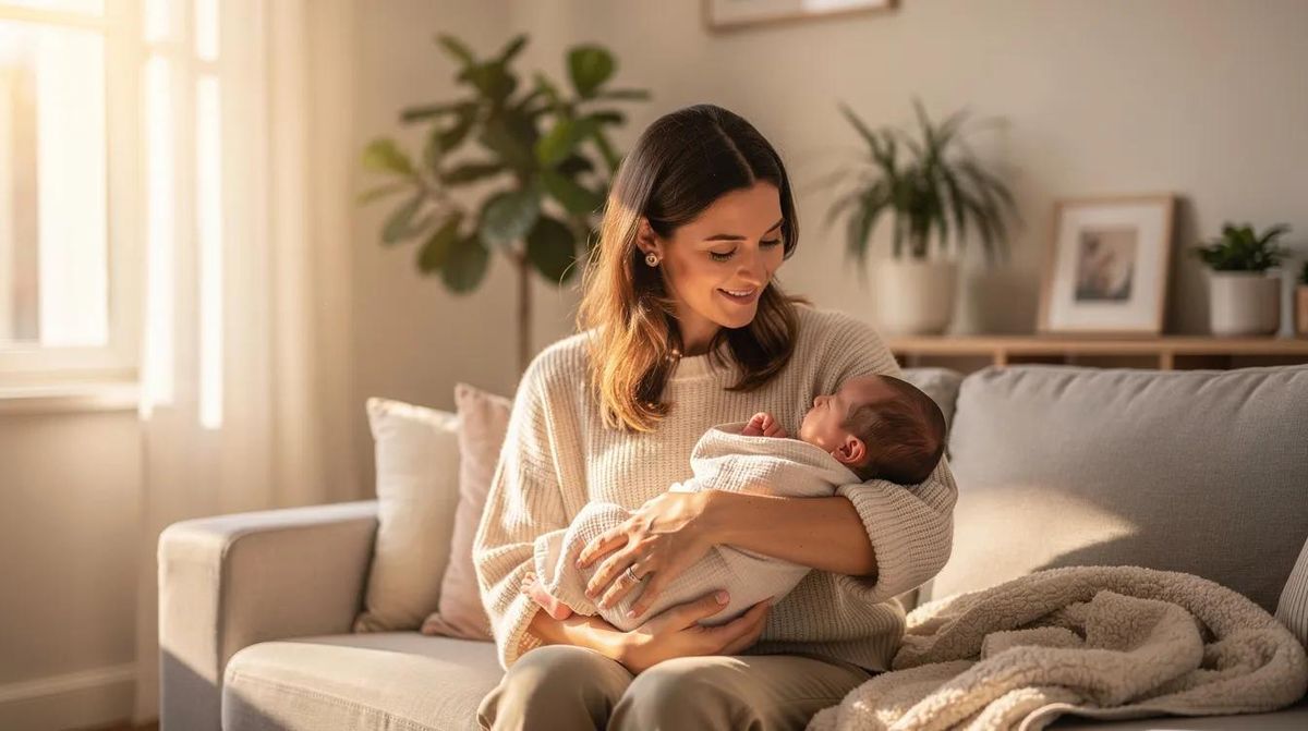 Une maman berce son nouveau-né dans un salon lumineux